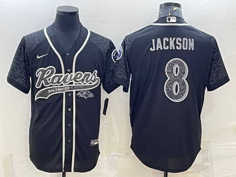 Men%27s Baltimore Ravens #8 Lamar Jackson Black Reflective With Patch Cool Base Stitched Baseball Jersey